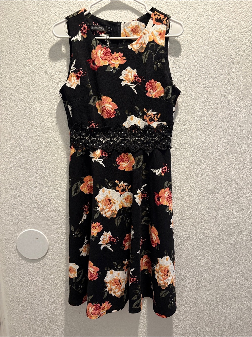 Homeyee Black Floral Lace-Trim Midi Dress size XL